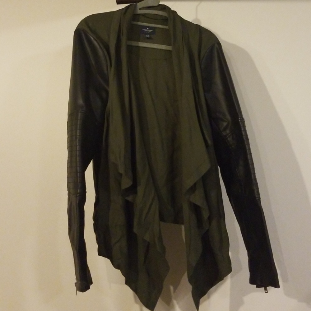 Army green leather sleeved jacket